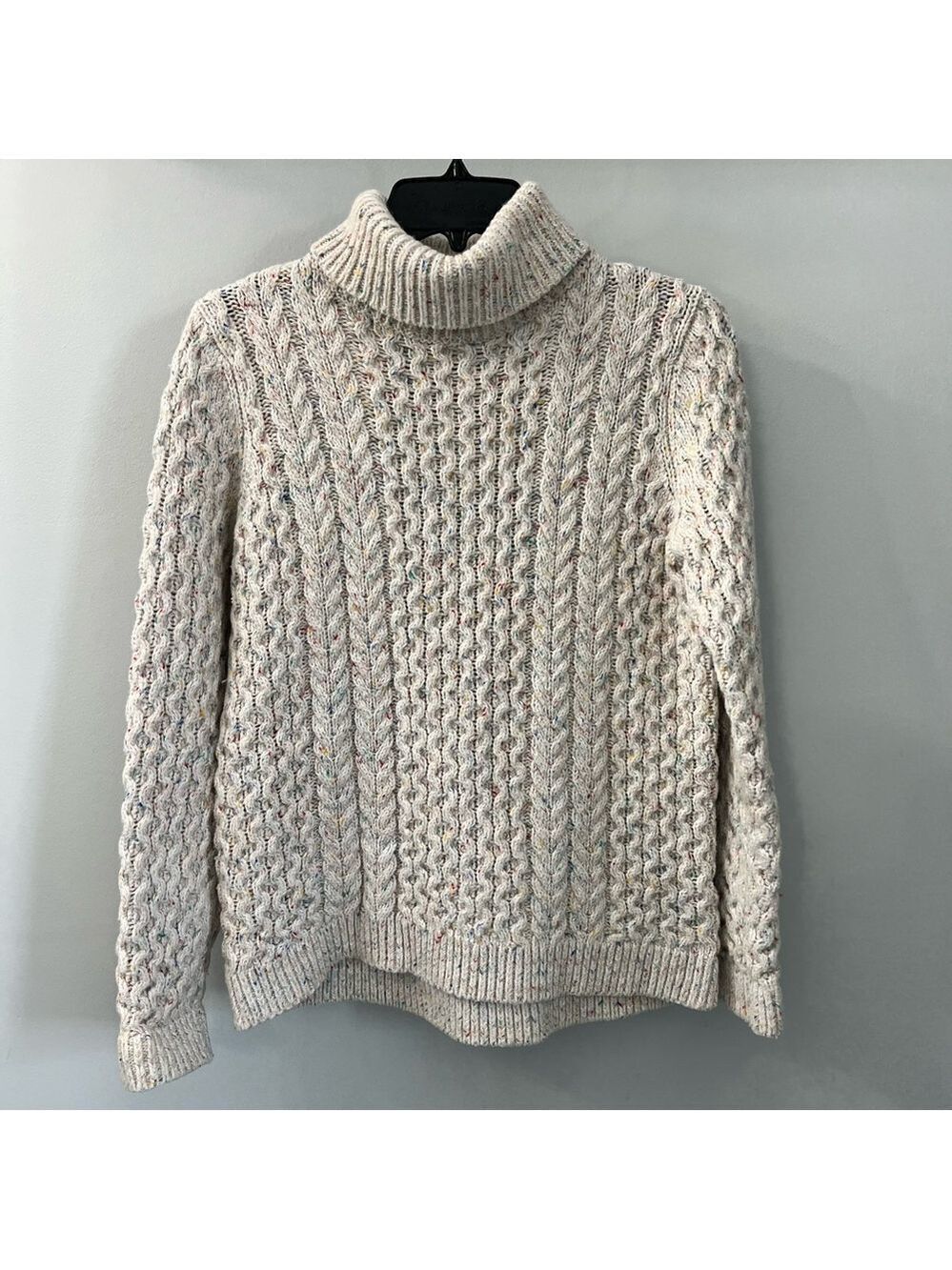 Land’s End Wool Blend Beige Speckled Turtleneck Cable Knit Sweater Small